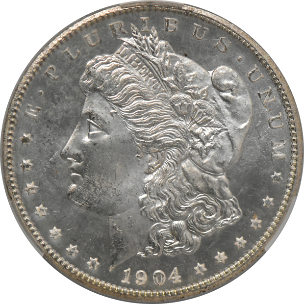 1884-O MS-64+PL, 1888 MS-64PL, and a 1904-O MS-64PL, all CACG