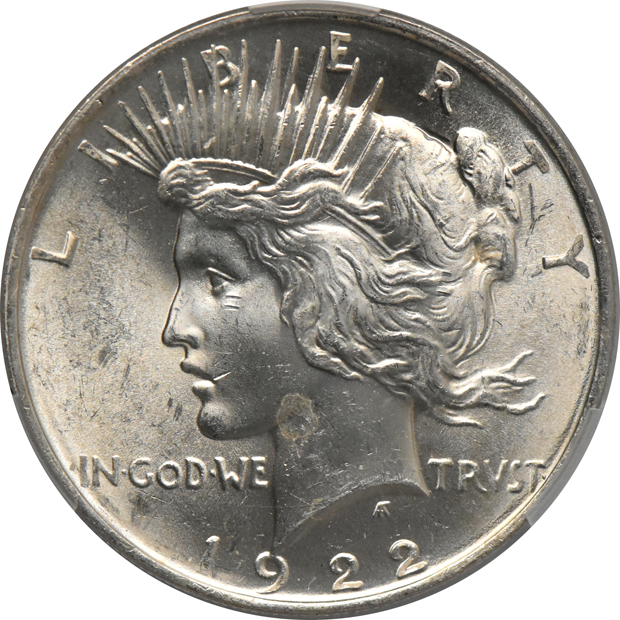 1885-S Morgan dollar UNC details/wiped, 1922 Peace dollar MS-63, and a 1923 Peace dollar MS-62, all CACG
