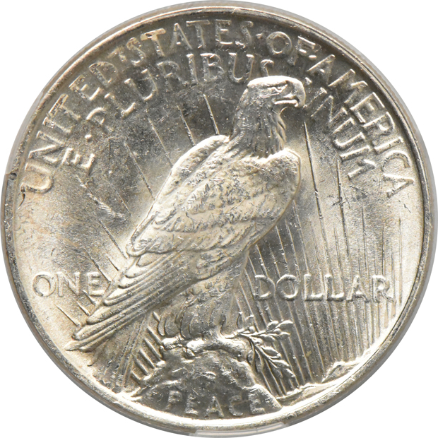 1885-S Morgan dollar UNC details/wiped, 1922 Peace dollar MS-63, and a 1923 Peace dollar MS-62, all CACG