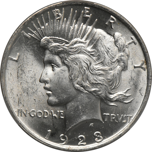 1885-S Morgan dollar UNC details/wiped, 1922 Peace dollar MS-63, and a 1923 Peace dollar MS-62, all CACG