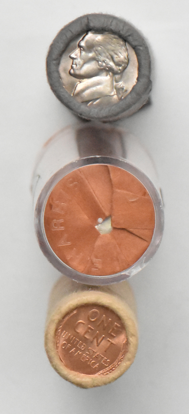 Roll of 1949 Lincoln cents, 1949 Jefferson nickels, and 1949 Washing quarters