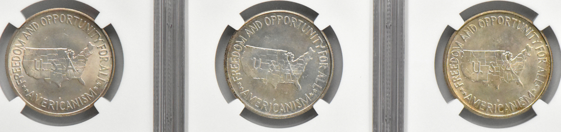 Eight silver commemorative half dollars, all NGC MS-64