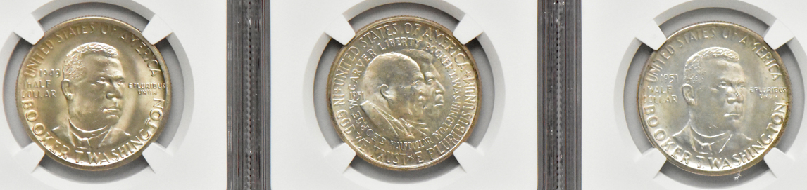 Eight silver commemorative half dollars, all NGC MS-64