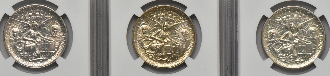 Eight Texas silver commemorative half dollars, all NGC MS-64