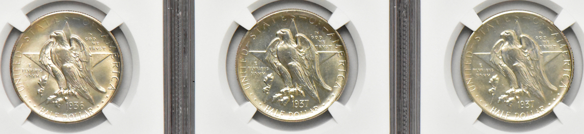 Eight Texas silver commemorative half dollars, all NGC MS-64