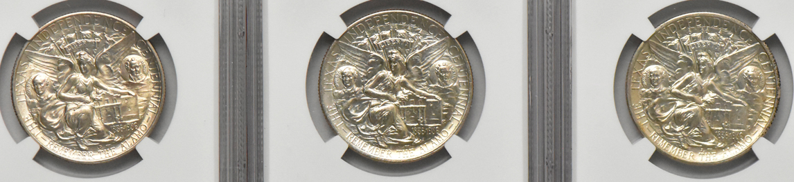 Eight Texas silver commemorative half dollars, all NGC MS-64