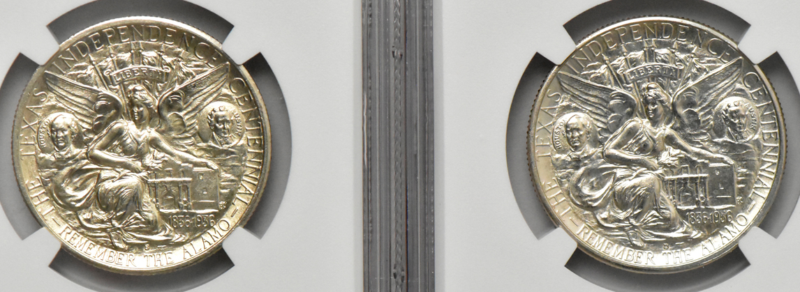 Eight Texas silver commemorative half dollars, all NGC MS-64