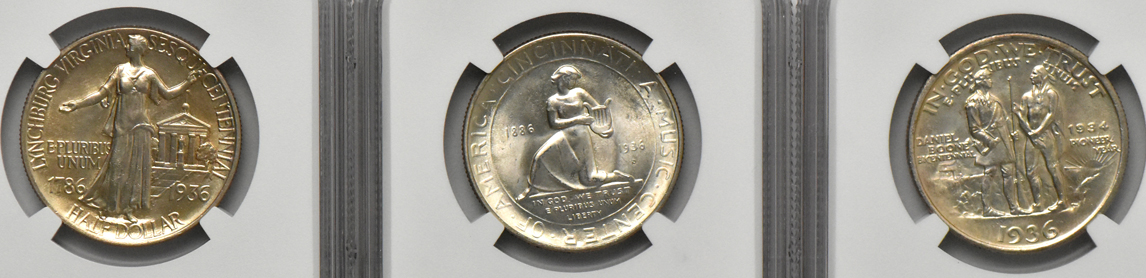 Five silver commemorative half dollars, all NGC MS-64