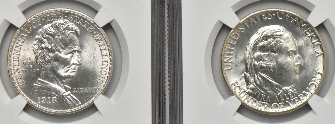 Five silver commemorative half dollars, all NGC MS-64