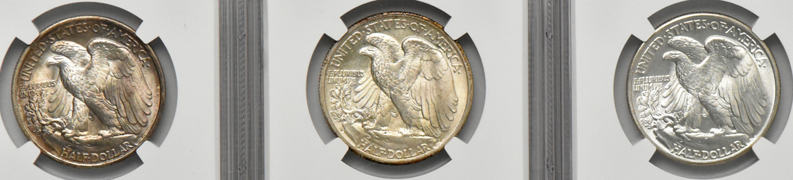 Seven Uncirculated Walking Liberty half dollars, all NGC certified