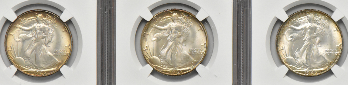 Seven Uncirculated Walking Liberty half dollars, all NGC certified