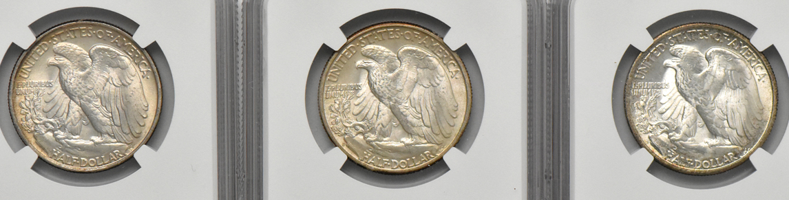 Seven Uncirculated Walking Liberty half dollars, all NGC certified