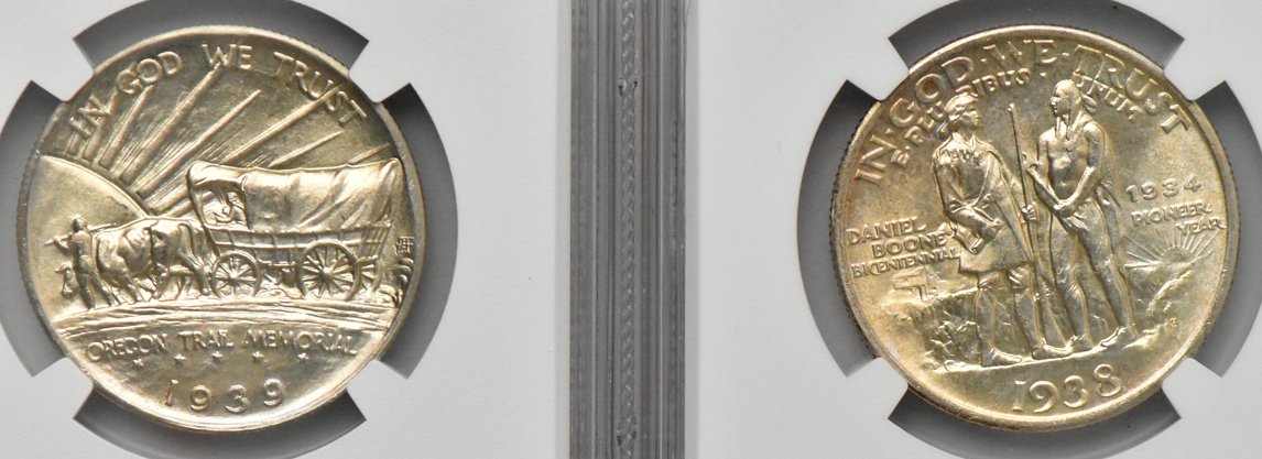 Six silver commemorative half dollars, all NGC MS-66