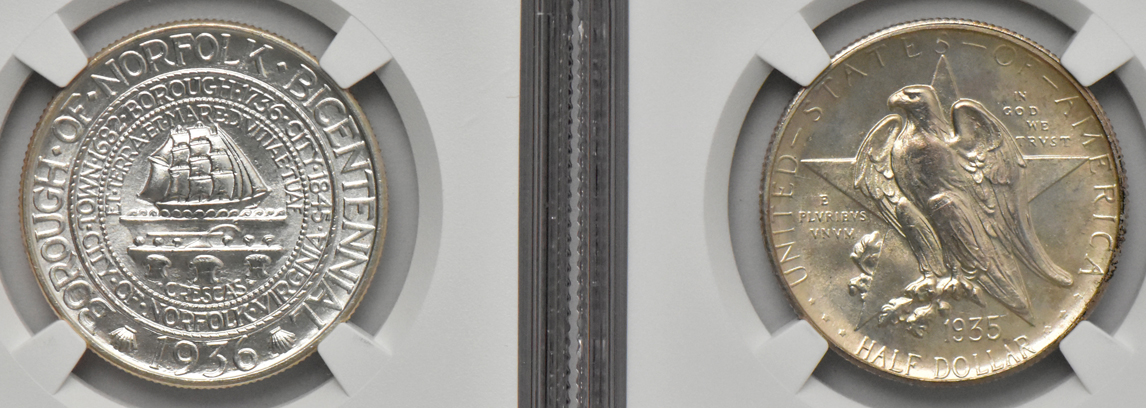 Six silver commemorative half dollars, all NGC MS-66