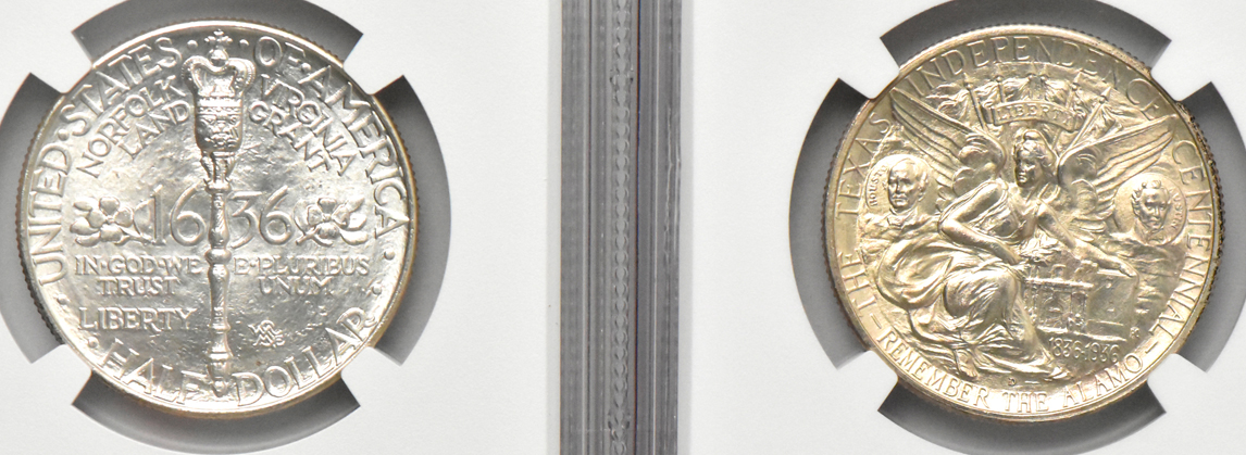 Six silver commemorative half dollars, all NGC MS-66