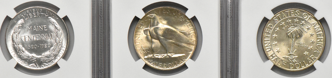 Five silver commemorative half dollars, all NGC MS-65