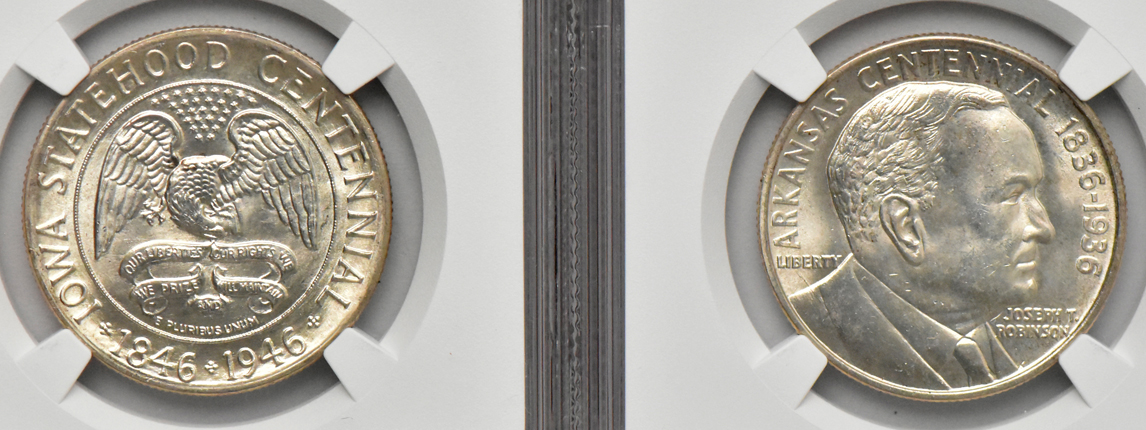 Five silver commemorative half dollars, all NGC MS-65