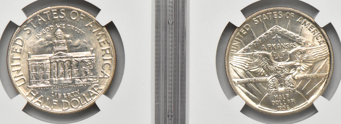 Five silver commemorative half dollars, all NGC MS-65