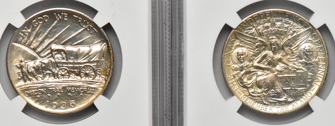 Four silver commemorative half dollars, all NGC MS-65