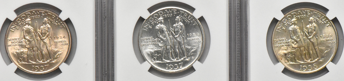 Five Boone silver commemorative half dollars, all NGC MS-65