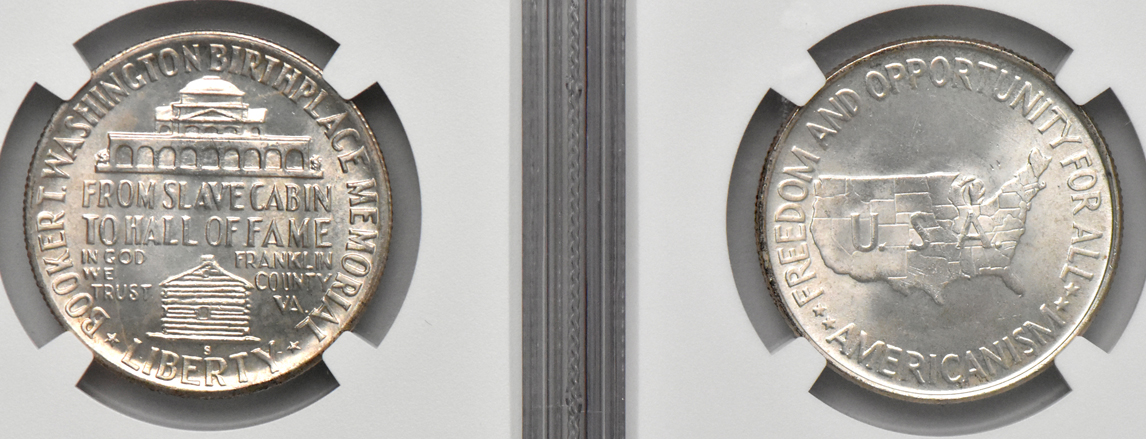 Five Booker T. Washington silver commemorative half dollars, all NGC MS-66