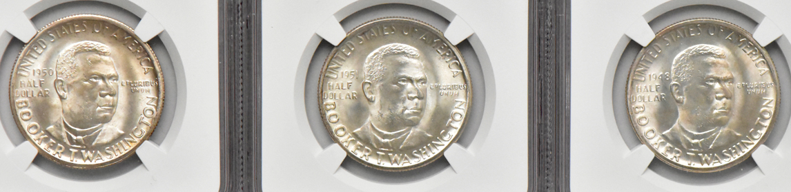 Five Booker T. Washington silver commemorative half dollars, all NGC MS-66