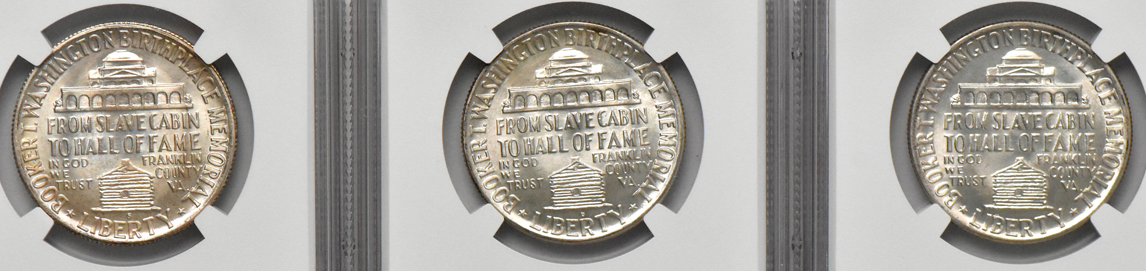 Five Booker T. Washington silver commemorative half dollars, all NGC MS-66