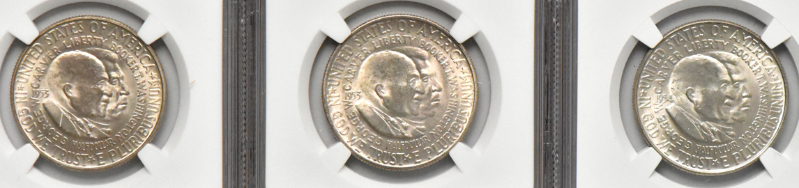 Seven Washington-Carver silver commemorative half dollars, all NGC MS-65