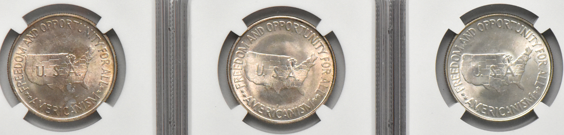Seven Washington-Carver silver commemorative half dollars, all NGC MS-65