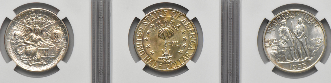 Five silver commemorative half dollars, all NGC MS-63