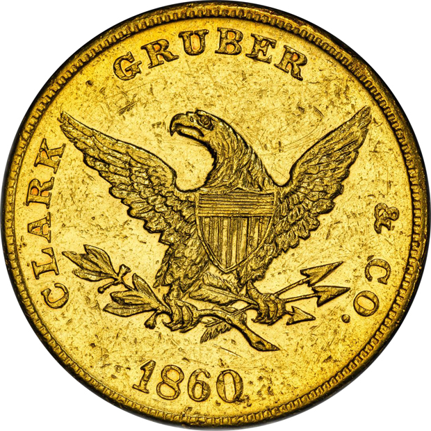 1860 $10 Clark, Gruber & Co. PCGS UNC details/altered surfaces
