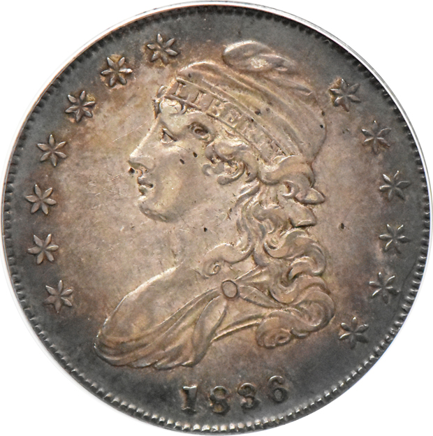 1806 Draped Bust quarter B-3 Good details/cleaned, and an 1836 Capped Bust half dollar O-108 XF details/damaged, both ANACS