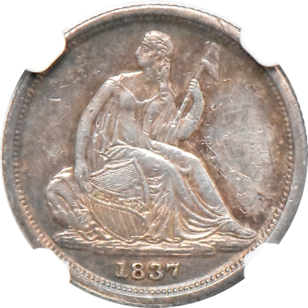 1829 half cent C-1 VF details/scratches, 1837 dime Seated dime AU details/damaged, and an 1864 two-cent piece AU details/cleane, all NGC
