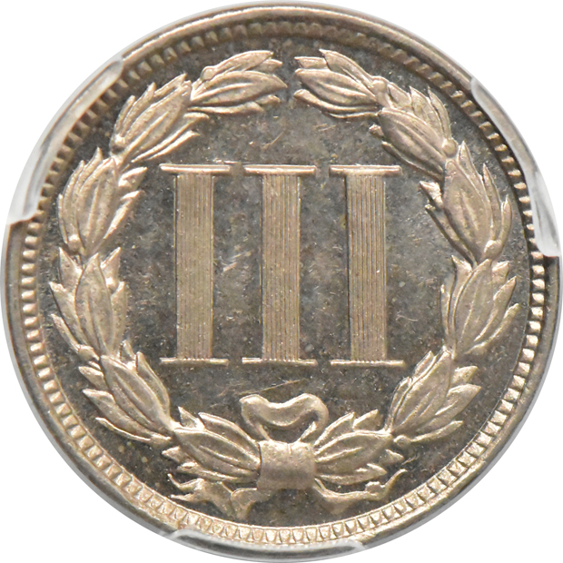 1881 three-cent nickel, and an 1896 Liberty nickel, both PCGS PR-63