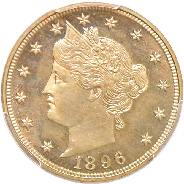 1881 three-cent nickel, and an 1896 Liberty nickel, both PCGS PR-63
