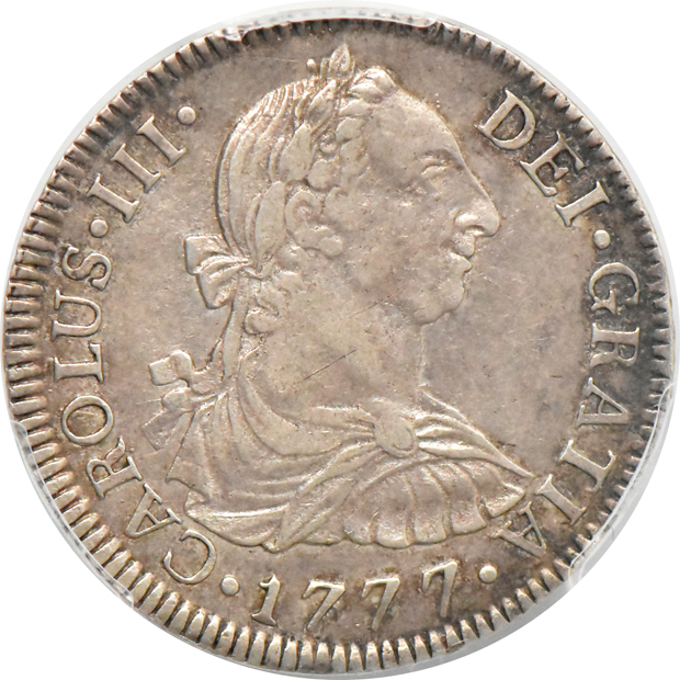 Multiple - 1777-Mo FM Mexico 2 reales XF-45, 1802 Spain real AU-55, and an 1882-Go S Mexico 25C AU-58, all PCGS