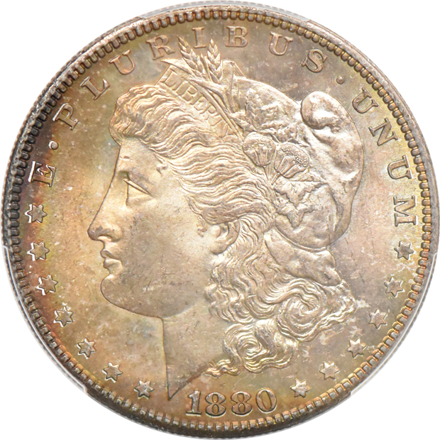1878 8 TF NGC MS-63+ (no line), and an 1880-S PCGS MS-66+ 