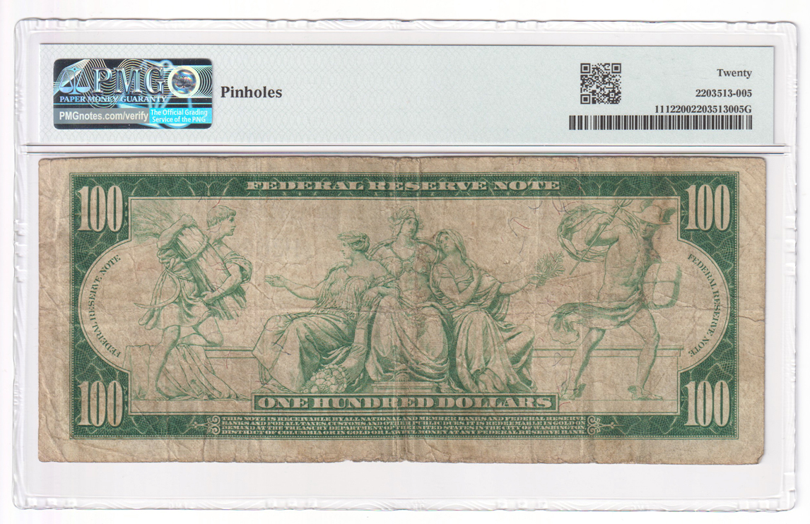1914 $100 St. Louis Blue Seal Fr# 1112 - PMG VF-20/pinholes