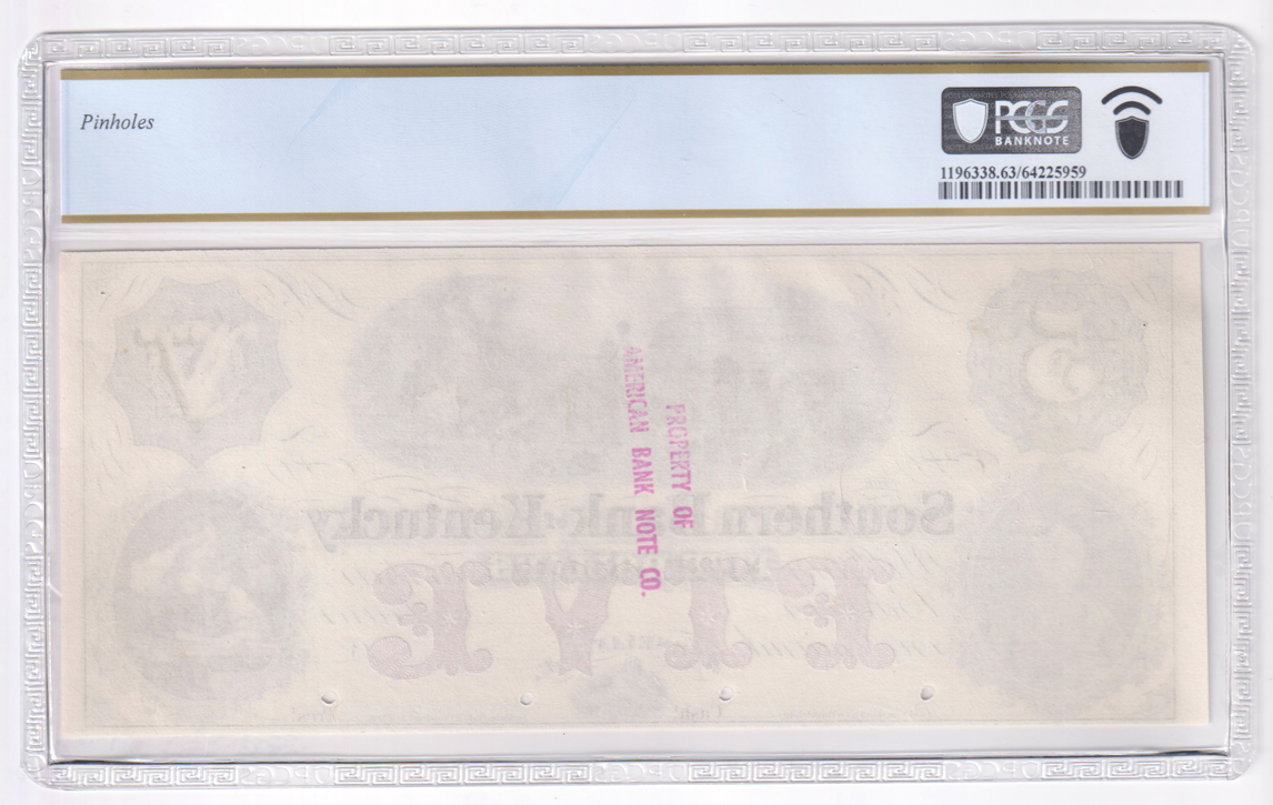 $5 Obsolete - (1850s) ABNC Face Proof, The Southern Bank of Kentucky in Russellville Hole Punch Cancelled PCGS ChCU-63/pinholes