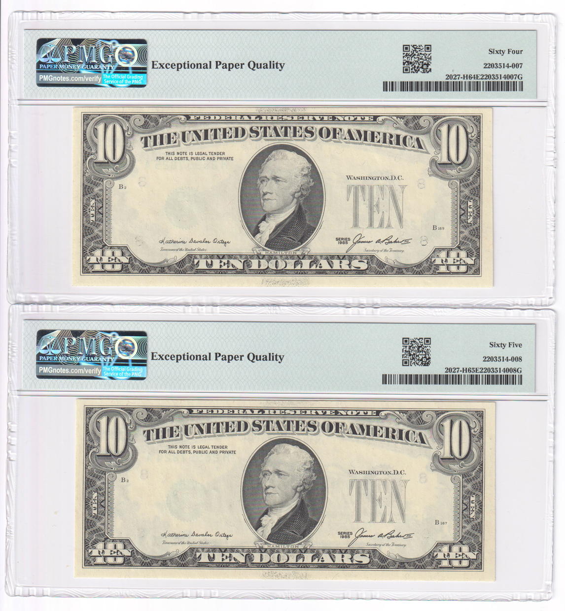 Error Currency - Sequential Pair of 1985 $10 Fr# 2027-H Overprint on Back - PMG ChCU-65/64 EPQ