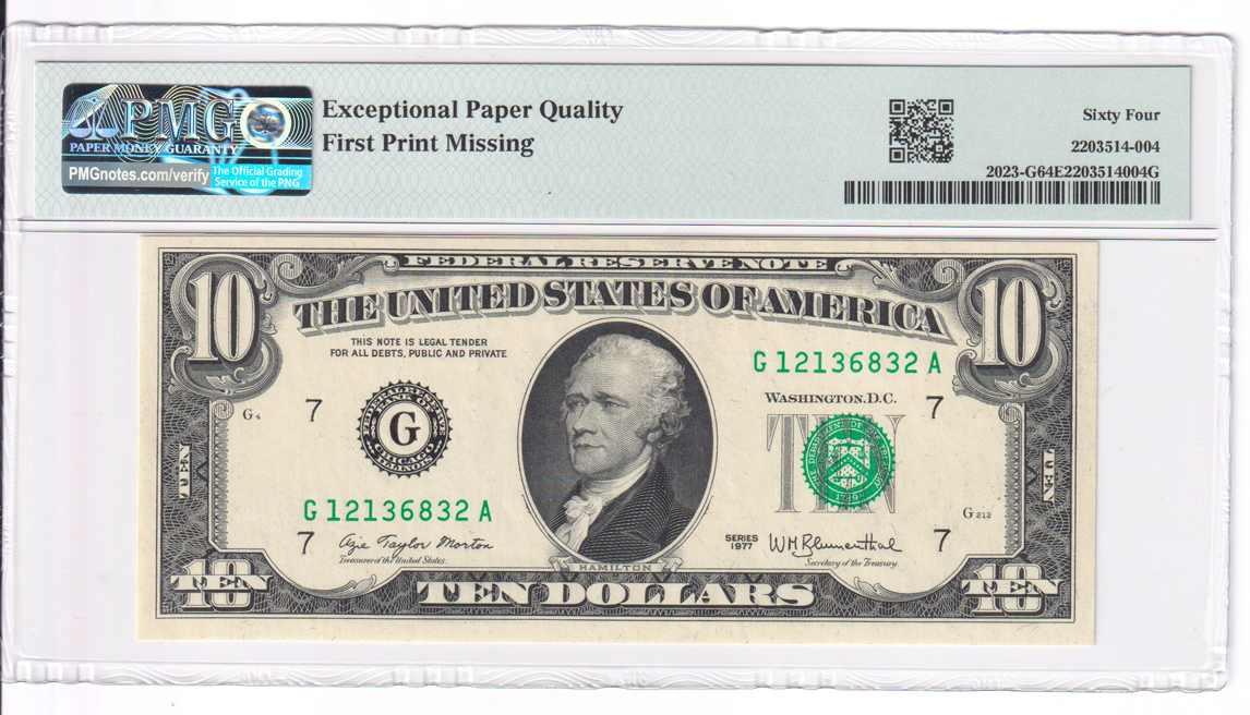 Error Currency - 1977 Chicago $10 Fr# 2023-G Missing Print Error - PMG ChCU-64 EPQ