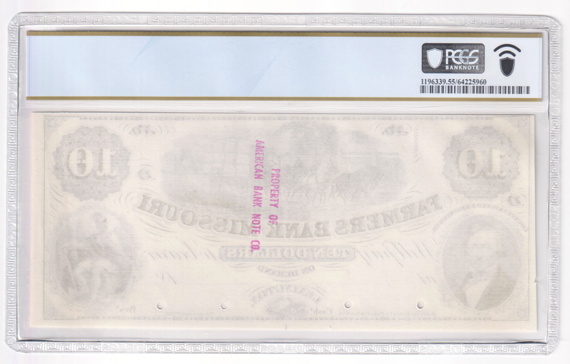 $10 Obsolete - (1850s-60s) ABNC Face Proof The Farmers Bank of Missouri in Lexigton HP Cancelled PCGS AU-55