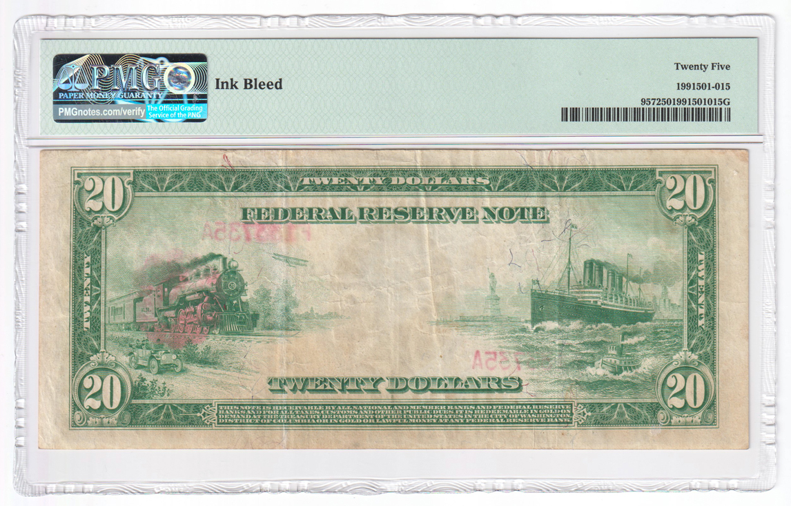 1914 $20 Atlanta Red Seal Fr# 957 - PMG VF-25/ink bleed