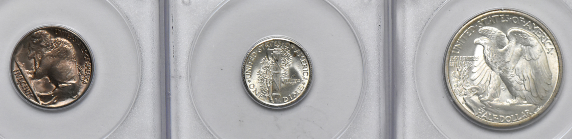 Six Uncirculated U.S. type coins in PCGS rattler holders
