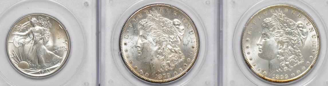 Six Uncirculated U.S. type coins in PCGS rattler holders