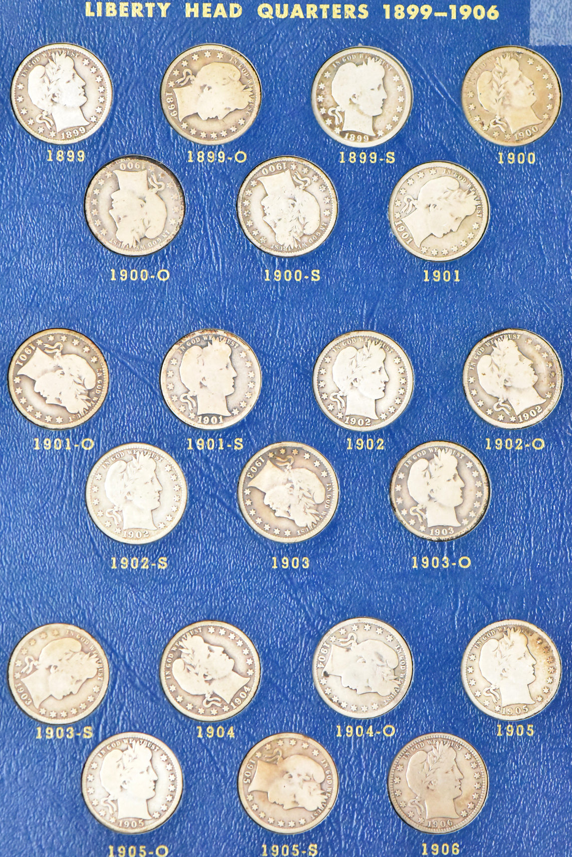 Collection of Barber quarters in a complete Whitman 9416 album