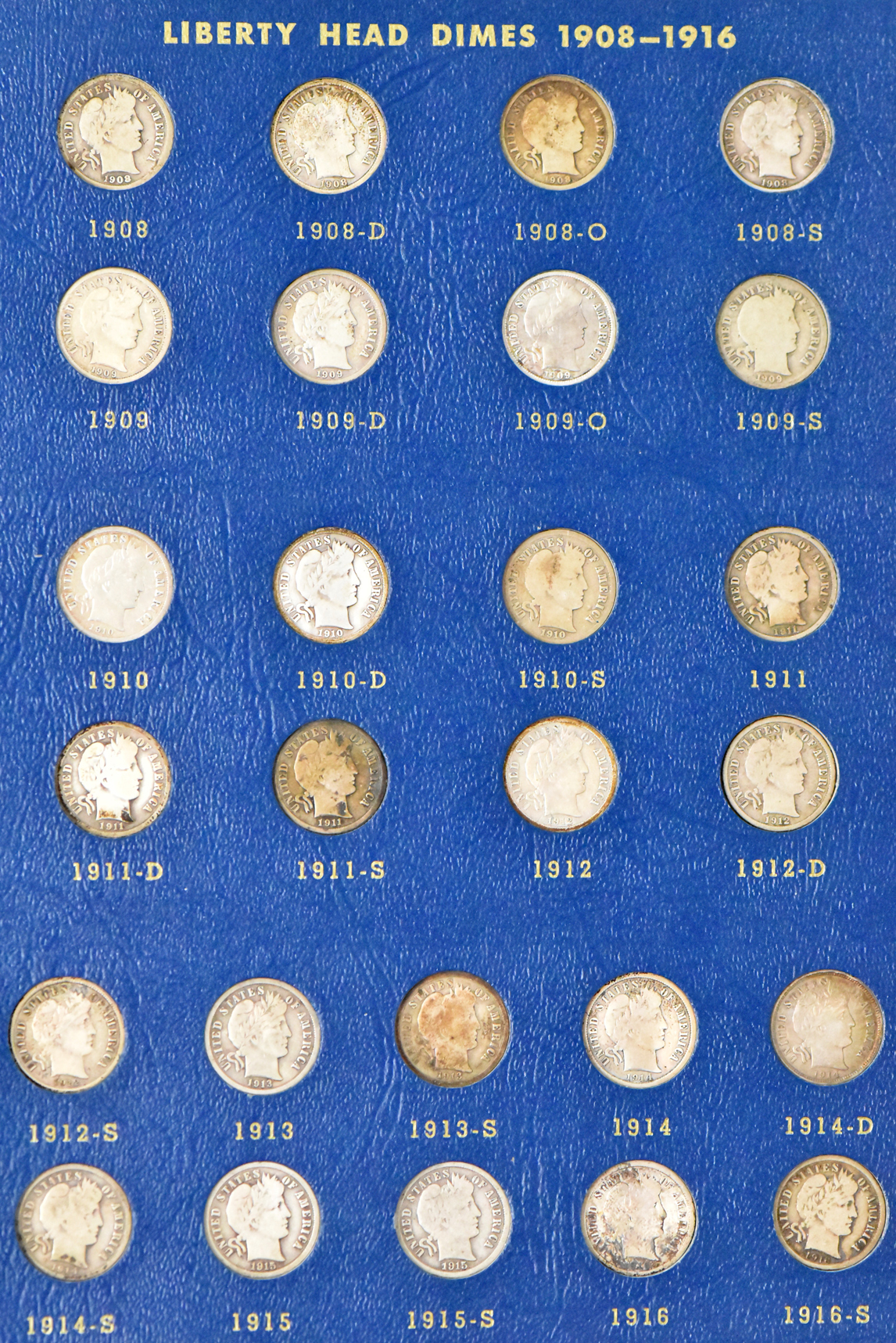 Collection of Barber Dimes in a complete Whitman 9412 album