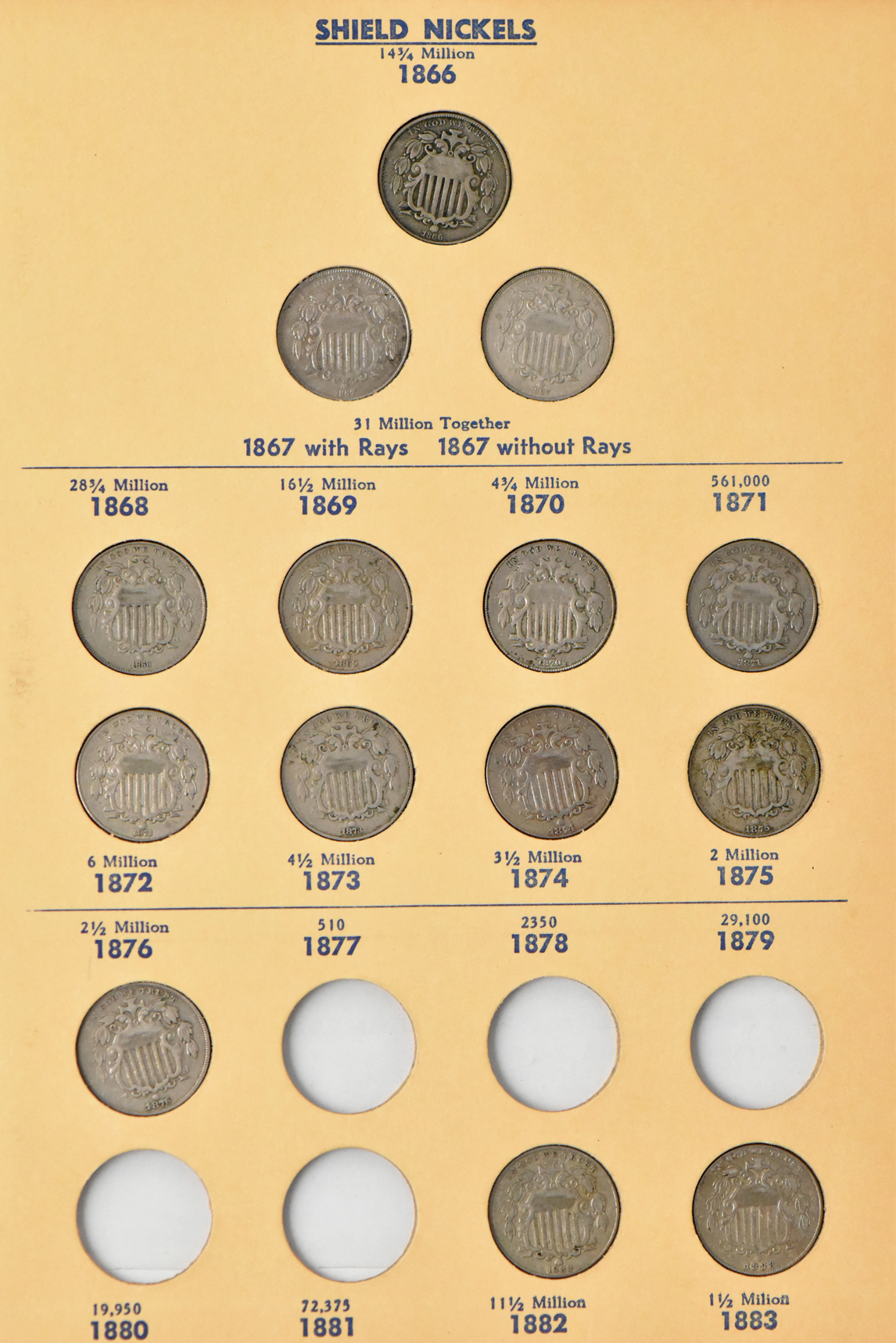 Half cents, two-cent pieces, three-cent nickels, and Shield nickels in two seperate Library of Coins albums