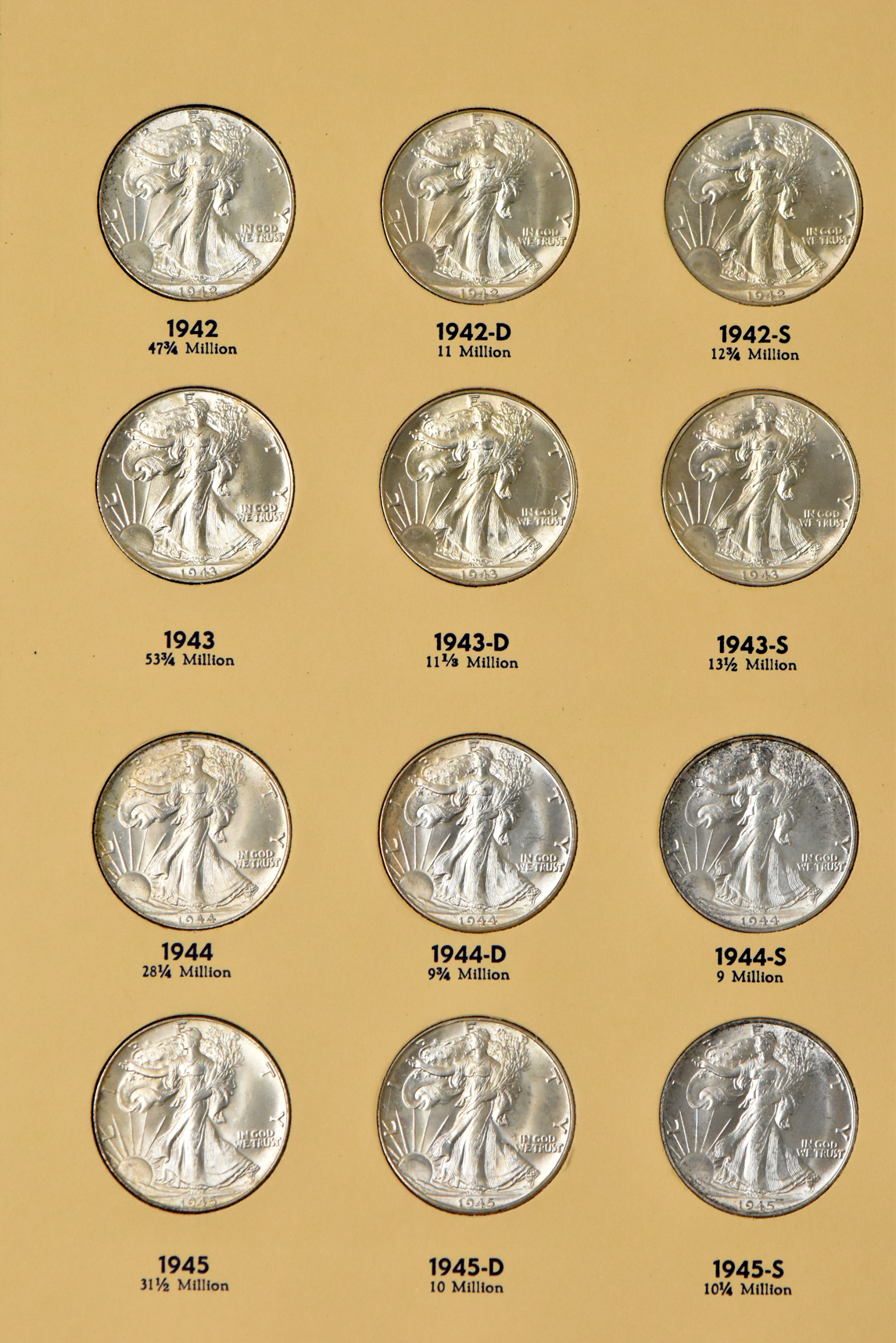Collection of Walking Liberty half dollars, 1937-D through 1947-D, in a complete Library of Coins Vol. 20 album