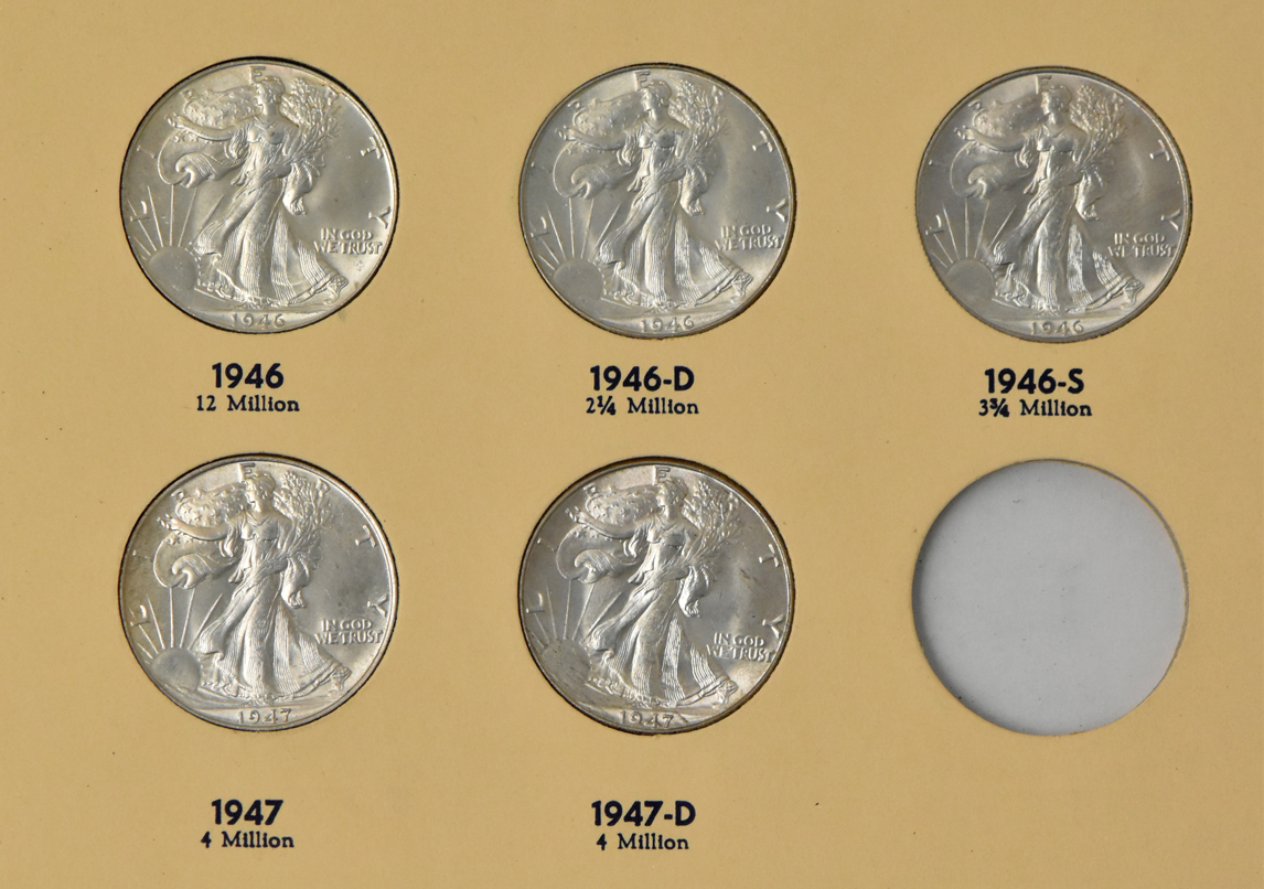 Collection of Walking Liberty half dollars, 1937-D through 1947-D, in a complete Library of Coins Vol. 20 album